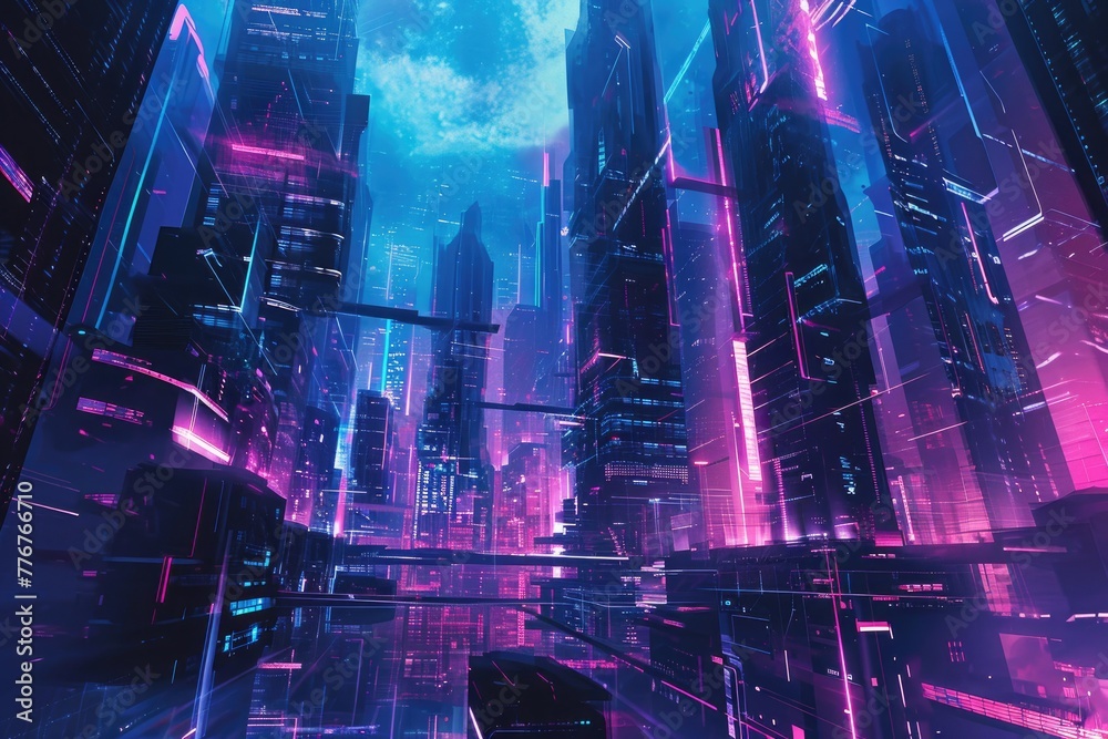 Poster creating a digital illustration depicting futuristic cityscape architecture, designing a digital art