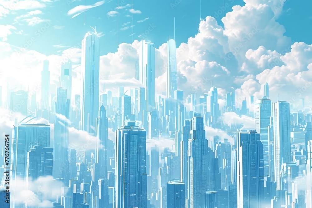 Poster creating a digital illustration depicting futuristic cityscape architecture, designing a digital art