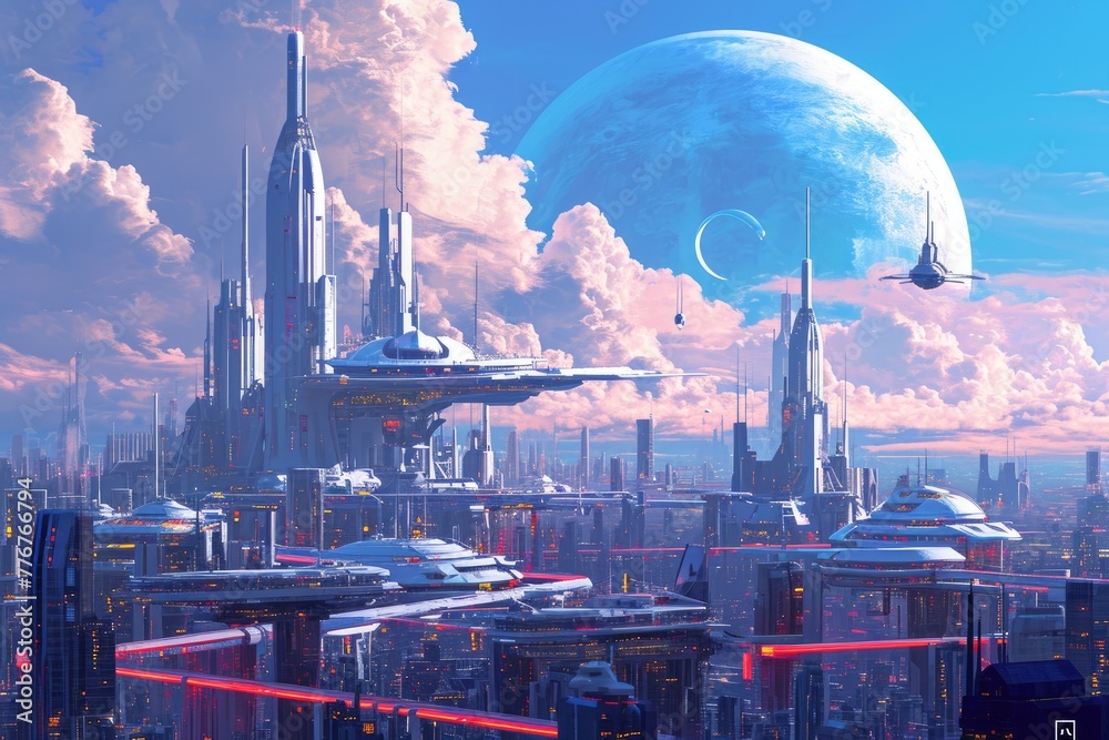Poster creating a digital illustration depicting futuristic cityscape architecture, designing a digital art