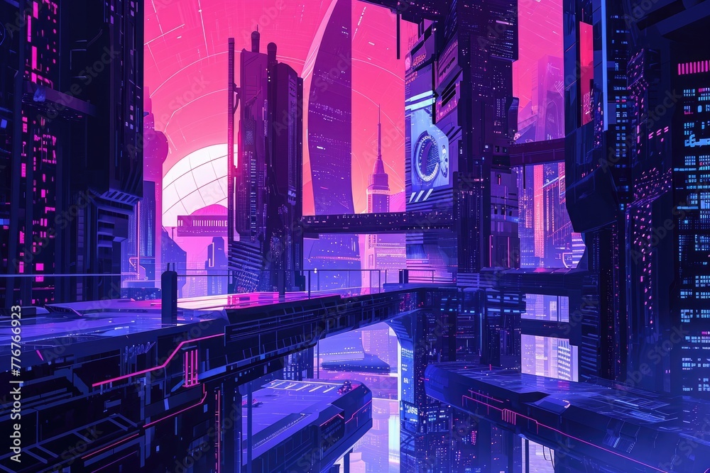 Aufkleber Creating a digital illustration depicting futuristic cityscape architecture, Designing a digital artwork showcasing futuristic city architecture for a captivating cityscape illustration.