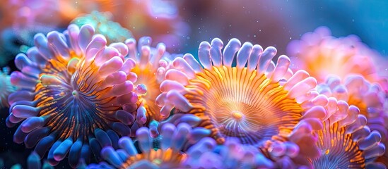 Naklejka na ściany i meble Vibrant Coral Polyp Reaching for Plankton in Underwater Ballet