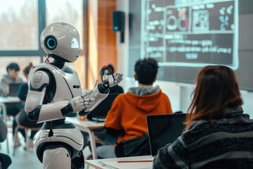 Photo of an AI robot teaching students in an office, using gestures to emphasize its training role. The scene is set against the backdrop of a whiteboard and desks with a human teacher - obrazy, fototapety, plakaty