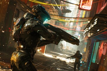 Cyberpunk high-tech chase scene with characters in cyber gear, Action-packed cyberpunk alleyway chase featuring characters equipped with high-tech gear, navigating futuristic 