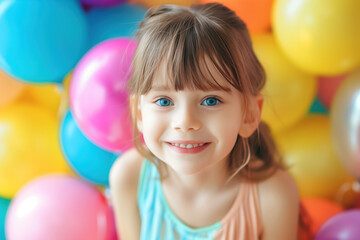 Obraz na płótnie Canvas Happy Little Girl with Balloons, Generative AI