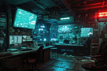 Cyberpunk hacker den in a dark, underground space with screens and tech equipment, Intriguing cyberpunk hacker hideout nestled in a dimly lit, underground location