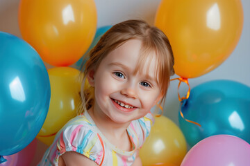 Obraz premium Happy Little Girl with Balloons, Generative AI