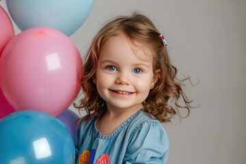 Fototapeta na wymiar Happy Little Girl with Balloons, Generative AI