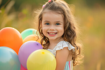 Fototapeta na wymiar Happy Little Girl with Balloons, Generative AI