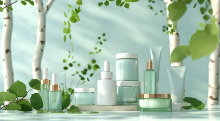 Rolgordijnen Set of skincare beauty cosmetic products stand on podium birch forest. © kardaska