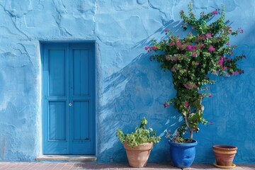 Blue Front door with plants, Facade of a modern building with modern door.