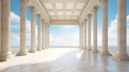 Colonnade with ionic columns. Ancient Greek temple with sky view background