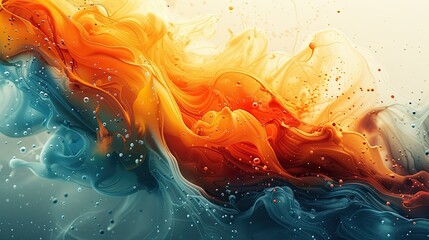 Orange and blue ink mix, creating a beautiful abstract pattern with tiny air bubbles. - obrazy, fototapety, plakaty
