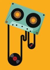 Music festival poster template design with cassette tape and vinyl record vintage retro style