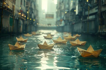 Obraz premium Paper boats floating in an urban canal, creating a tranquil scene in the heart of the city with a dreamlike quality.