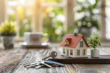Miniature House Model with Key on Wooden Table Representing New Home and Real Estate Concept - obrazy, fototapety, plakaty