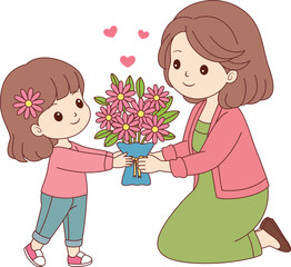 Mothers Day Child Giving Flowers for Mom Illustration