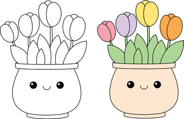 Kawaii pot with tulips coloring page for kids, Mother's Day coloring page