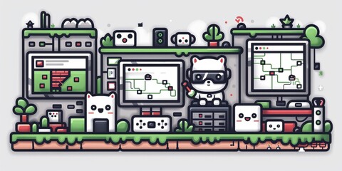 Creative Pixel Art Design of a Cat in Sunglasses Monitoring Computer Servers in a Minimalistic Control Room