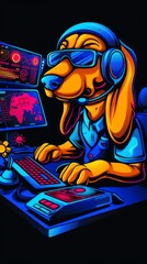 Neon-Colored, Dynamic Digital Illustration of an Anthropomorphic Dog Pilot Navigating with Flight Controls and a Radar Screen