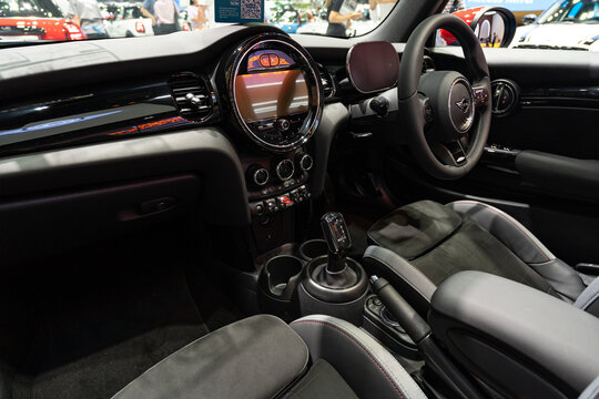 Black Interior, steering wheel MINI John Cooper Works. interior dashboard view, steering wheel, Led lights on