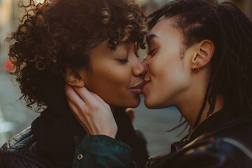 agrandar y aA very affectionate couple of women sharing a tender kiss on the streets of the cityrreglar - 9