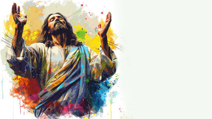 Jesus is praying with his hands raised upwards, colorful watercolor paint