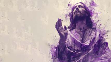 Purple watercolor paint of Jesus is praying with his hands raised upwards