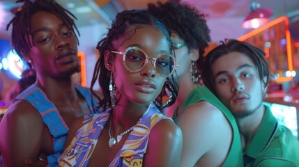 A group of teens hanging out in a neon-lit diner, dressed in Y2K fashion with pops of green. - obrazy, fototapety, plakaty