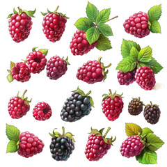 Vibrant 3D Loganberry Illustration Set ? Ideal for Print and Graphic Design Projects, Isolated on White Background as High-Quality Clipart Vector