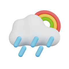 3D render minimalist cloud with raindrops and rainbow icon, designed for rainy days, suitable for weather apps and forecasts, transparent background.