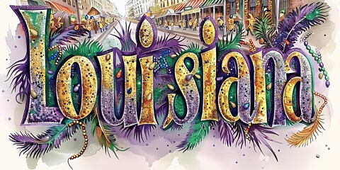 Vibrant Louisiana typography with Mardi Gras and bayou elements, perfect for travel promotion and cultural festival posters
