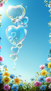 Heart-Shaped Bubbles Floating Upward from a Flower Meadow Against a Clear Blue Sky, Symbolizing Love, Joy, and the Beauty of Nature