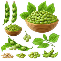 Soybeans Set: Realistic 3D Illustration on White Background - Vector Clipart Perfect for Print Design, Isolated PNG with Transparent Background