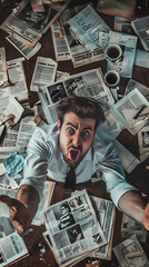 Frustrated Man Reacting to Defamatory Newspaper Headline in Office Chaos - obrazy, fototapety, plakaty