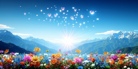 Fototapeta premium Sunrise Over a Lively Mountain Meadow Teeming with Colorful Wildflowers and Heart-Shaped Bubbles, a Scene of Vibrant Natural Splendor