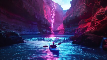 Kayak navigating the rapids of a neon-lit canyon - obrazy, fototapety, plakaty