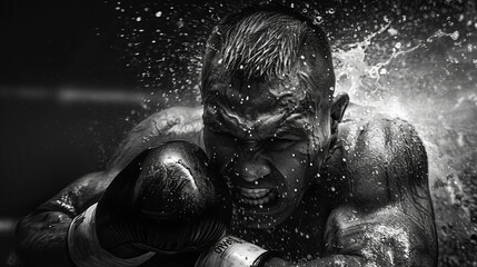 An intense and powerful black and white photograph of a boxer fully engaged in a fight, showcasing determination