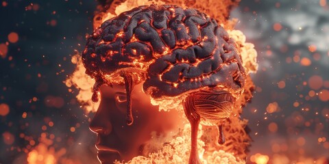 Conceptual image of a human brain engulfed in flames, symbolizing intense cognitive burnout, stress, or overwhelming thoughts