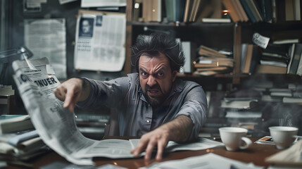 Frustrated Man Reacting to Defamatory Newspaper Headline in Office Chaos - obrazy, fototapety, plakaty