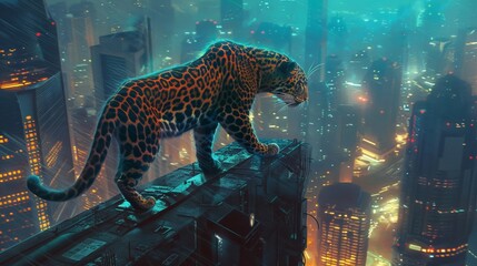 Leopard prowling through futuristic cityscapes - obrazy, fototapety, plakaty