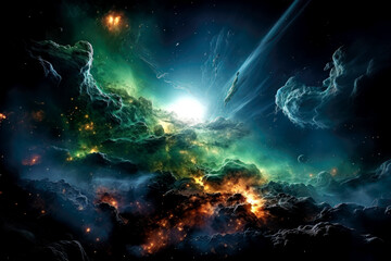 Obraz na płótnie Canvas Blue green nebula on the edge of the cosmos, interstellar dust clouds, celestial exploration