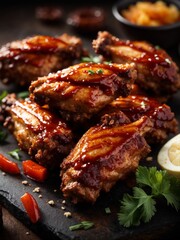 Barbecue chicken wings on a black cutting board. The wings are glossy and caramelized or lacquered