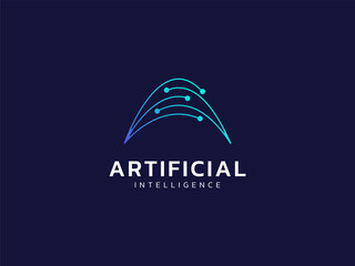 Artificial intelligence with letter A curved Network lines technology Analysis logo vector design concept. AI technology logotype symbol for advance technology, tech company, identity, innovation, ui.