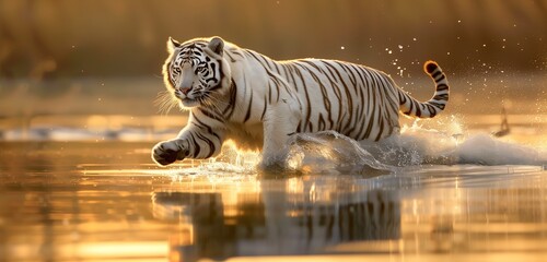 In the early dawn, a white Siberian tiger emerges from misty waters, leaving ripples in its wake. - obrazy, fototapety, plakaty