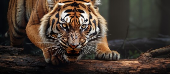 The majestic tiger carefully maneuvers on a wooden log amidst the dense foliage of the forest - obrazy, fototapety, plakaty