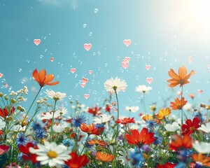 Bursting with life, this vibrant and enchanting image captures the essence of a spring meadow in full bloom, with whimsical hearts floating amidst a sea of wildflowers under a clear blue sky