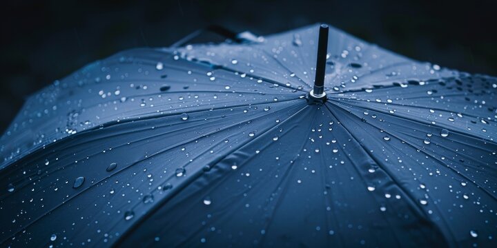 A close-up view of a vibrant black umbrella covered in glistening water droplets. The detail captures the texture of the umbrella fabric and the reflective quality of the droplets.