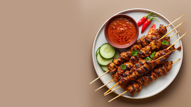 Top view of asian traditional satay isolated on beige background