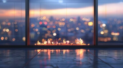 An urban room overlooking a bustling city at night, with twinkling lights illuminating the skyline and busy streets below. 