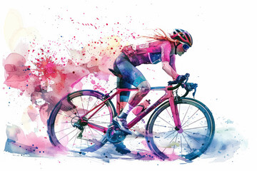Pink watercolor painting of side view woman cyclist in road bike